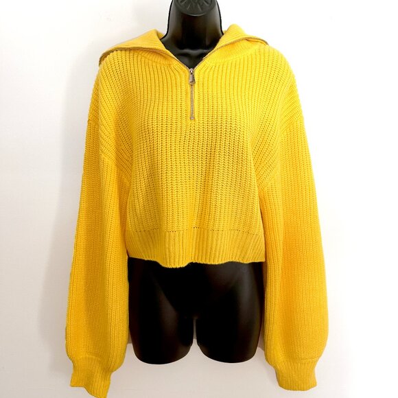 NWT Anjeanette Puff Sleeve Quarter Zip Sweater in Yellow / Medium - Picture 1 of 8